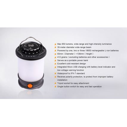 Fenix CL30R - LED Prenosna polnilna svetilka LED/USB/6xCR123A IPX7 650 lm 300 h 2600 mAh