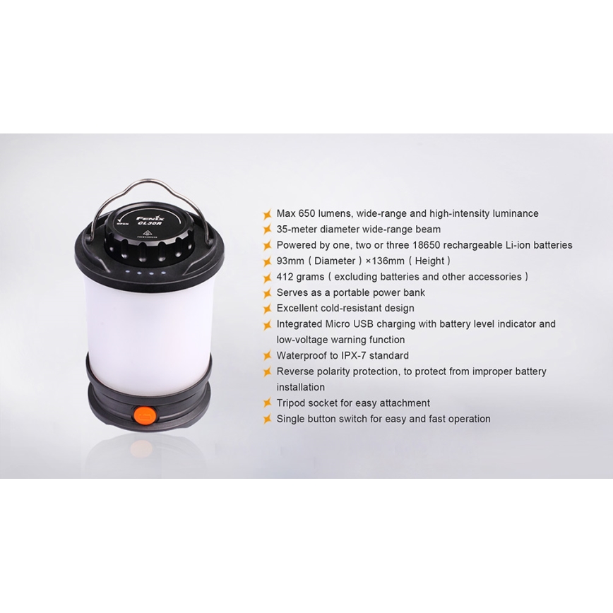 Fenix CL30R - LED Prenosna polnilna svetilka LED/USB/6xCR123A IPX7 650 lm 300 h 2600 mAh