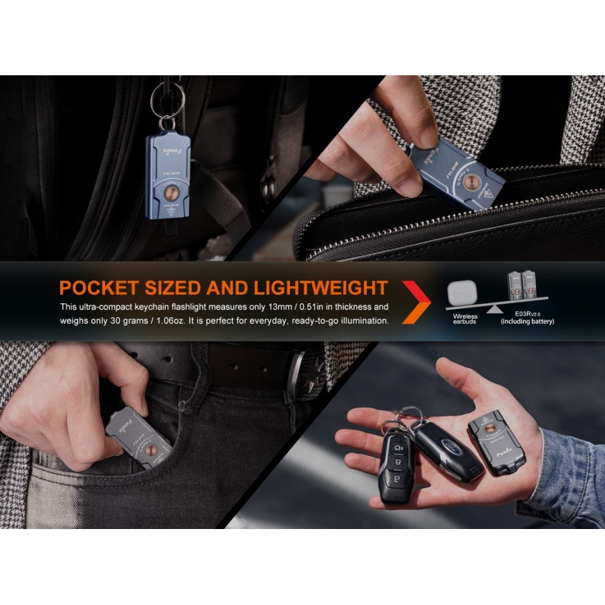 Fenix E03RV20BLU - LED Polnilna baterijska svetilka LED/USB IP66 500 lm 30 h 400 mAh