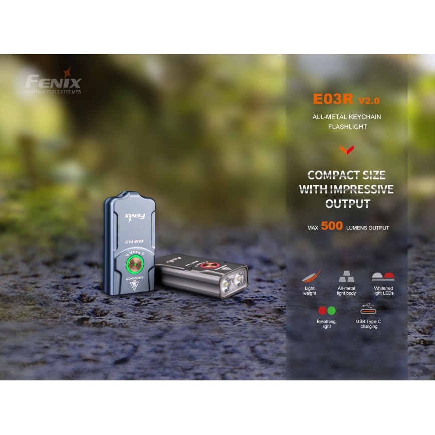 Fenix E03RV20GREY - LED Polnilna baterijska svetilka LED/USB IP66 500 sijajni 30 h 400 mAh
