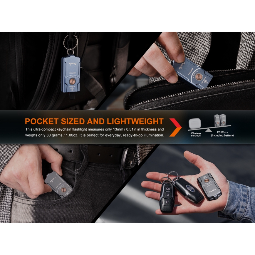Fenix E03RV20GREY - LED Polnilna baterijska svetilka LED/USB IP66 500 sijajni 30 h 400 mAh