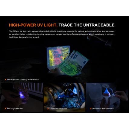 Fenix E06RGRY - LED Zatemnitvena polnilna svetilka UV LED/USB IP66 700 sijajni 60 h 750 mAh siva