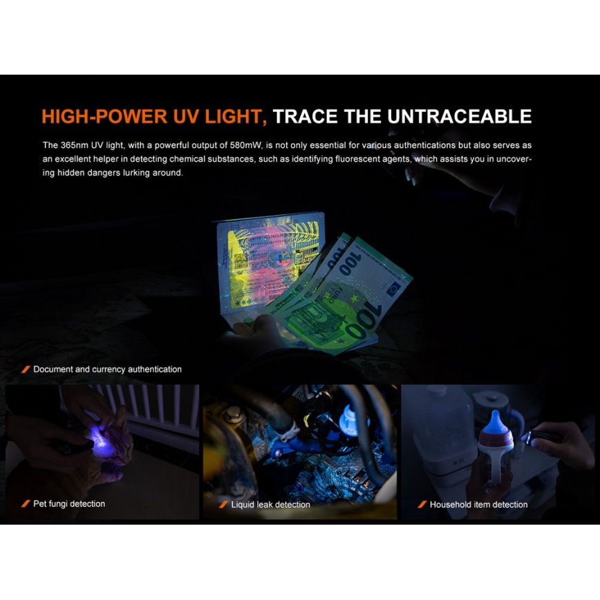 Fenix E06RGRY - LED Zatemnitvena polnilna svetilka UV LED/USB IP66 700 sijajni 60 h 750 mAh siva