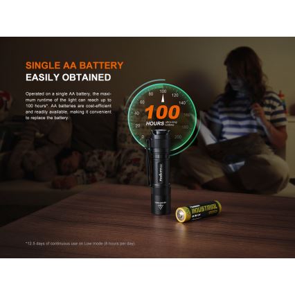 Fenix E12V30 - zatemnjevalna polnilna LED svetilka LED/1xAA 2000 mAh IP68 200 lm 100 h črna