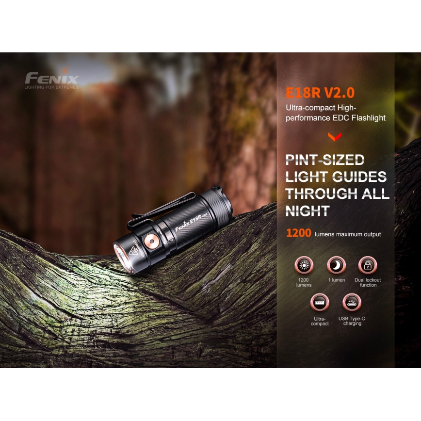 Fenix E18RV20800 - LED zatemnjevalna polnilna svetilka LED/USB/1xCR123A 800 mAh IP68 1200 lm 200 h črna