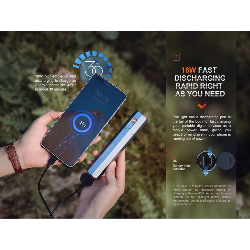Fenix ECPBLUE - LED Polnilna baterijska svetilka s power bankom USB IP68 1600 sijajni 504 h 5000 mAh modra