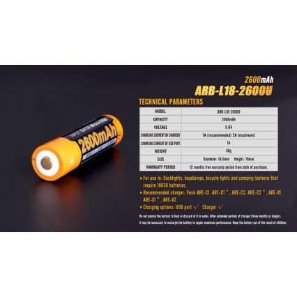 Fenix FE18650LI26USB - 1 kos Polnilna baterija USB/3,6V 2600 mAh