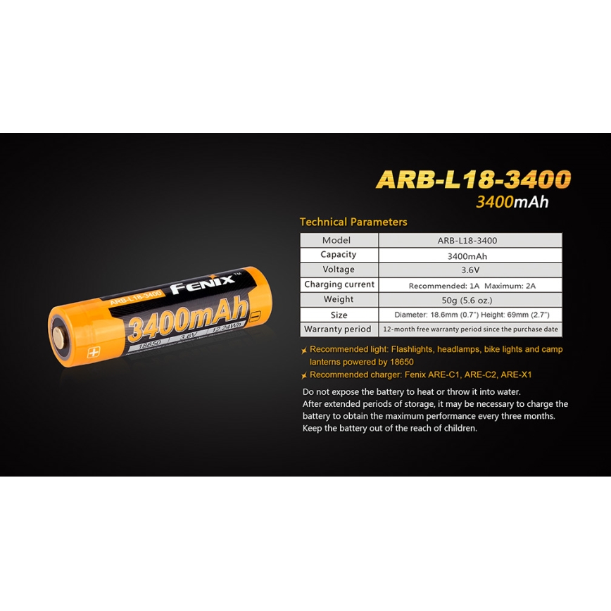 Fenix FE18650LI34 - 1 kos polnilna baterija 18650/3,6 V 3400 mAh
