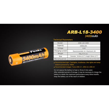Fenix FE18650LI34 - 1 kos Polnilna litij-ionska baterija 18650/3,6 V 3400 mAh
