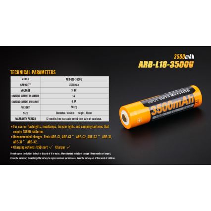 Fenix FE18650LI35USB - 1 kom. Napolnitvena baterija USB/3,6V 3500 mAh