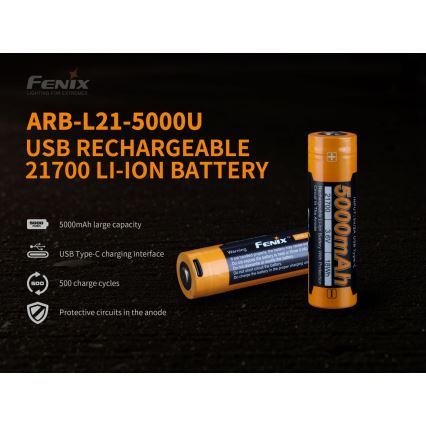 Fenix FE21700USB - 1 kos, polnilna USB baterija, 3,6 V, 5000 mAh