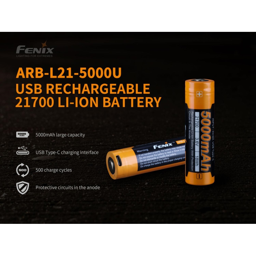 Fenix FE21700USB - 1 kos, polnilna USB baterija, 3,6 V, 5000 mAh
