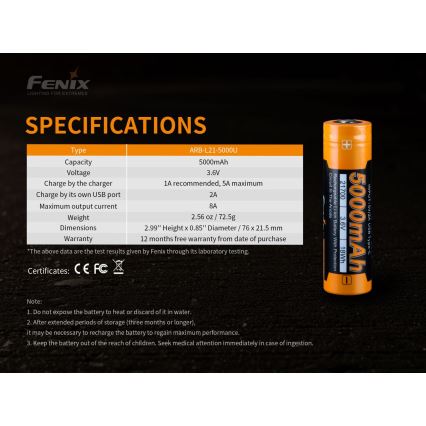 Fenix FE21700USB - 1 kos, polnilna USB baterija, 3,6 V, 5000 mAh