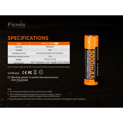 Fenix FE21700V20 - 1 kos Polnilna baterija 21700/3,6V 5000 mAh