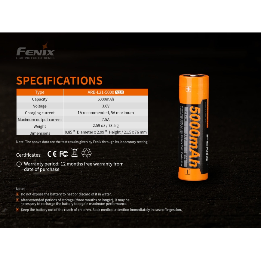Fenix FE21700V20 - 1 kos Polnilna baterija 21700/3,6V 5000 mAh