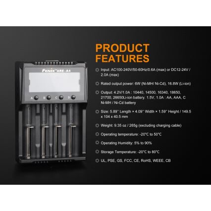 Fenix FENAREA4 - Polnilec baterij 4xLi-ion/AAA/AA/C 5V