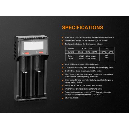 Fenix FENARED2 - Polnilec baterij 2xLi-ion/AAA/AA/C 5V