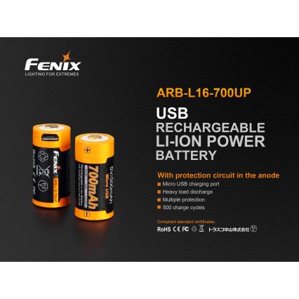 Fenix FERCR123ALIIONUP - 1 kom. Napolnitvena baterija USB/3,6V 700 mAh