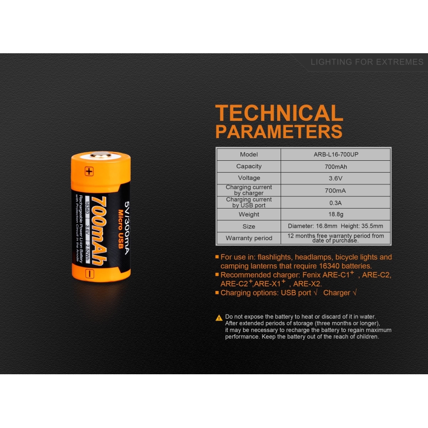 Fenix FERCR123ALIIONUP - 1 kos Polnilna Li-ion baterija USB/3,6V 700 mAh