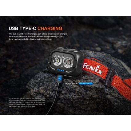 Fenix HL18RTV20BLC - LED Zatemnitvena polnilna naglavna svetilka LED/USB/3xAAA IP66 800 lm 160 h 1900 mAh črna/oranžna