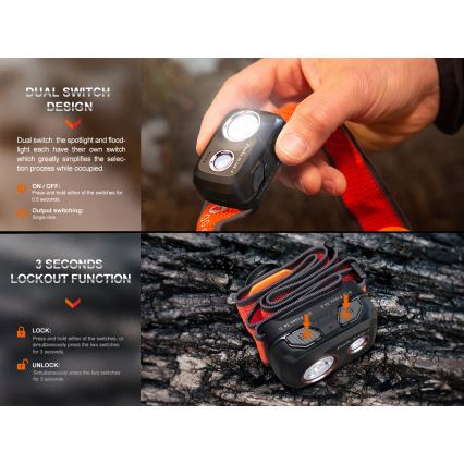 Fenix HL32RTBLCK - LED Polnilna naglavna svetilka LED/USB/3xAAA IP66 800 sijajni 300 h 1900 mAh črna/oranžna