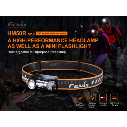 Fenix HM50RV20 - LED Polnilna naglavna svetilka 3xLED/USB/1xCR123A IP68 700 sijajni 120 h 700 mAh