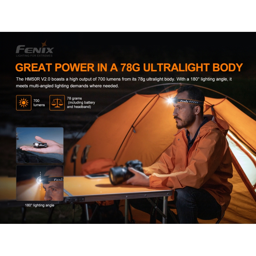 Fenix HM50RV20 - LED Polnilna naglavna svetilka 3xLED/USB/1xCR123A IP68 700 sijajni 120 h 700 mAh