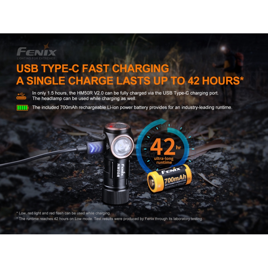 Fenix HM50RV20 - LED Polnilna naglavna svetilka 3xLED/USB/1xCR123A IP68 700 sijajni 120 h 700 mAh