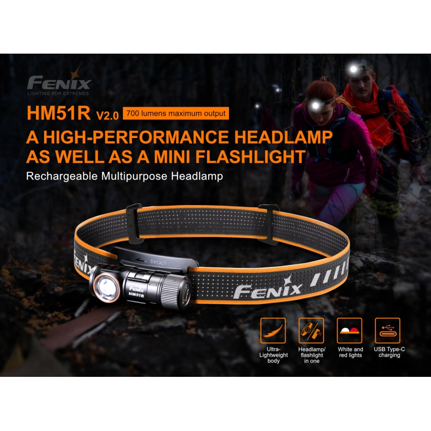 Fenix HM51RV20 - LED Polnilna naglavna svetilka 3xLED/1xCR123A/USB IP68 700 sijajni 120 h 700 m