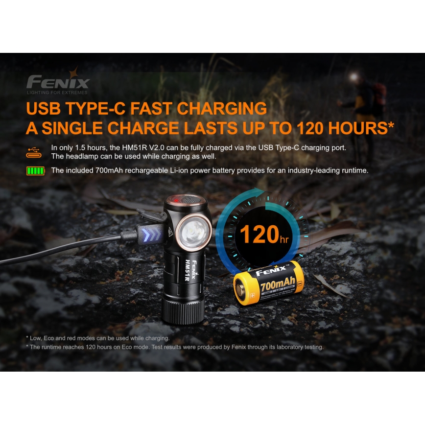 Fenix HM51RV20 - LED Polnilna naglavna svetilka 3xLED/1xCR123A/USB IP68 700 sijajni 120 h 700 m