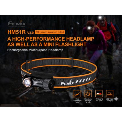 Fenix HM51RV30 - LED polnilna čelna svetilka s funkcijo zatemnjevanja LED/USB/1xCR123A 950 mAh IP68 860 lm 125 h oranžna