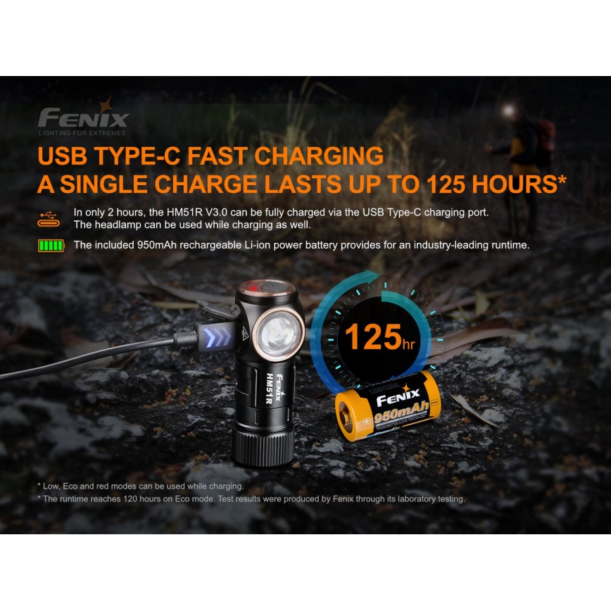 Fenix HM51RV30 - LED polnilna čelna svetilka s funkcijo zatemnjevanja LED/USB/1xCR123A 950 mAh IP68 860 lm 125 h oranžna