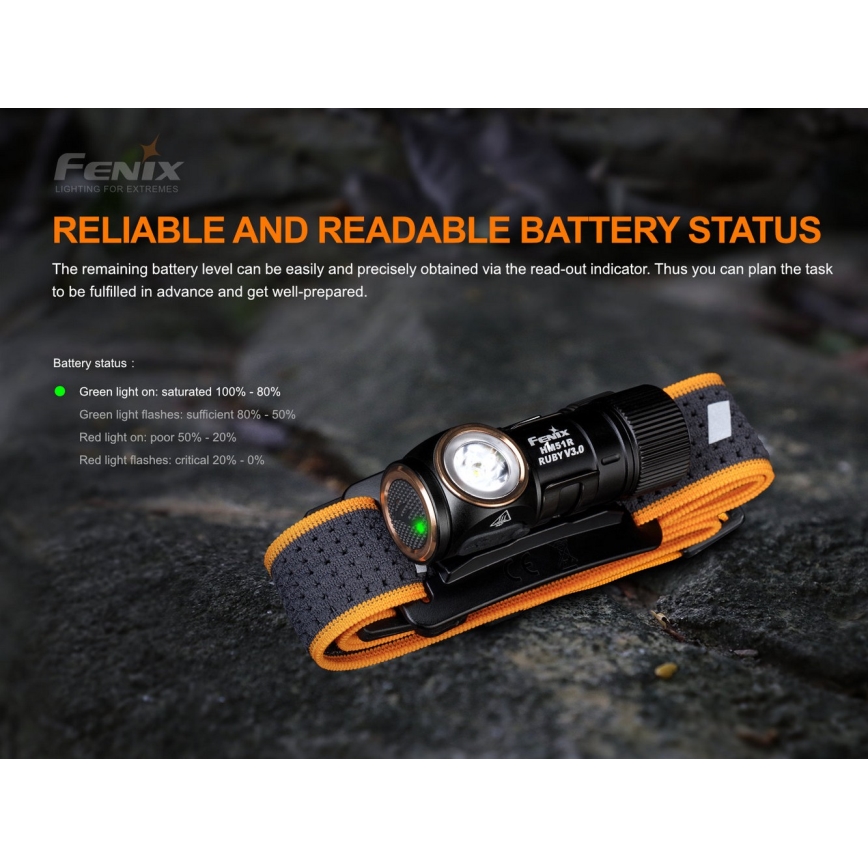 Fenix HM51RV30 - LED polnilna čelna svetilka s funkcijo zatemnjevanja LED/USB/1xCR123A 950 mAh IP68 860 lm 125 h oranžna