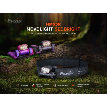 Fenix HM55RPRP - LED zatemnjiva polnilna čelna svetilka LED/USB/1xCR123A 1600 mAh IP68 1200 lm 141,2 h vijolična/črna