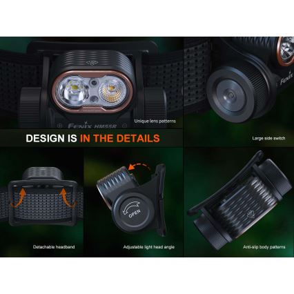 Fenix HM55RPRP - LED zatemnjiva polnilna čelna svetilka LED/USB/1xCR123A 1600 mAh IP68 1200 lm 141,2 h vijolična/črna
