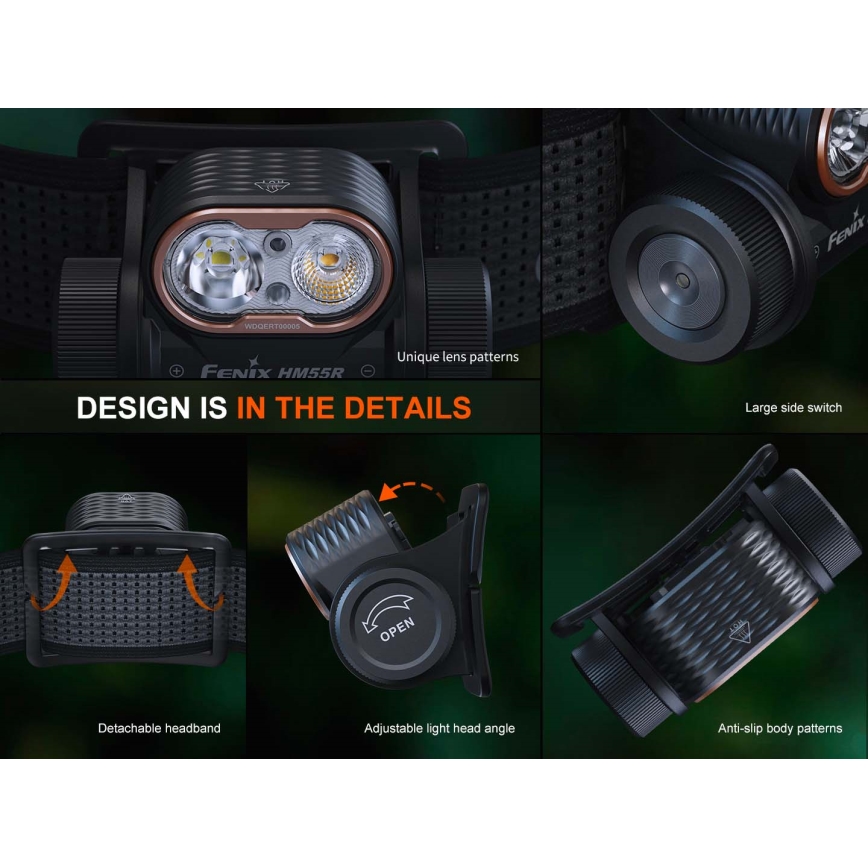 Fenix HM55RPRP - LED zatemnjiva polnilna čelna svetilka LED/USB/1xCR123A 1600 mAh IP68 1200 lm 141,2 h vijolična/črna