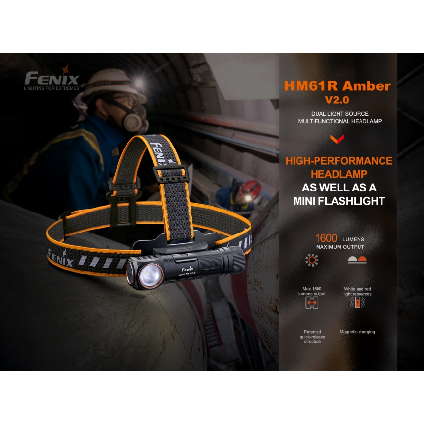 Fenix HM61RV20 - LED Polnilna naglavna svetilka LED/USB/2xCR123A IP68 1600 lm 300 h 3400 mAh