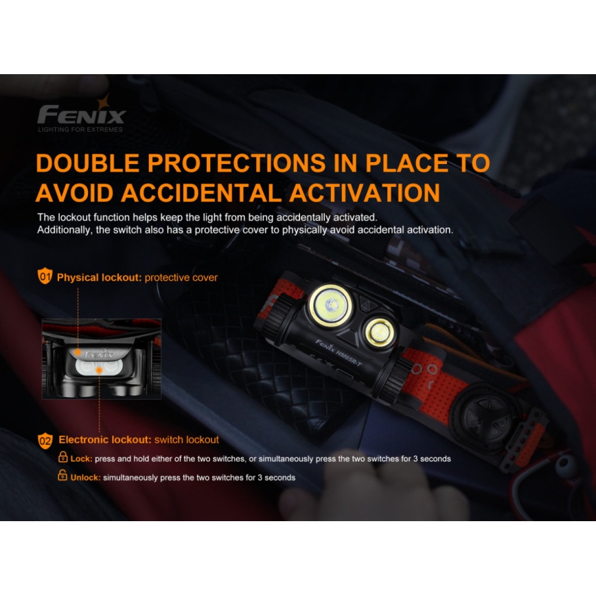 Fenix HM65RTRAIL - Polnilna LED naglavna svetilka 2xLED/2xCR123A IP68 1500 lm 300 ur