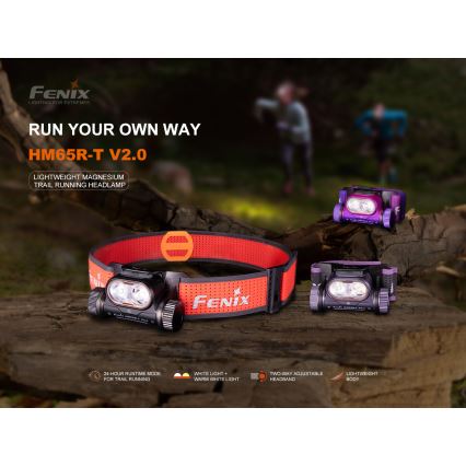 Fenix HM65RTV20PRP - LED Zatemnitvena polnilna naglavna svetilka LED/USB/2xCR123A IP68 1600 lm 300h 3400 mAh črna/vijolična
