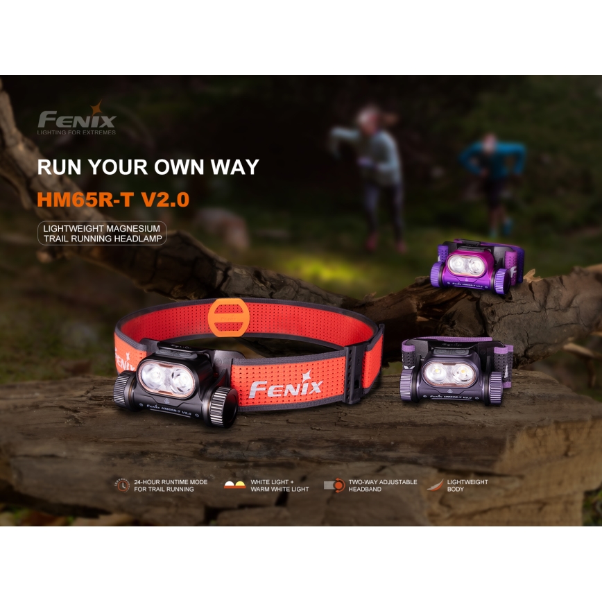 Fenix HM65RTV20PRP - LED Zatemnitvena polnilna naglavna svetilka LED/USB/2xCR123A IP68 1600 lm 300h 3400 mAh črna/vijolična