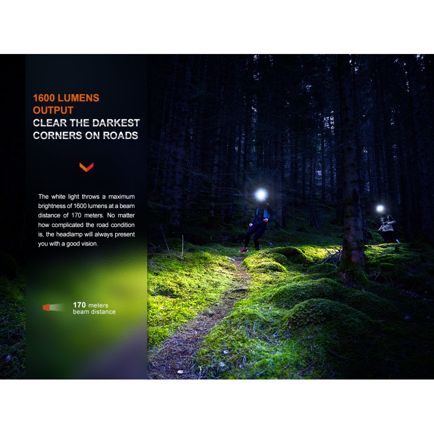 Fenix HM65RTV20PRP - LED Zatemnitvena polnilna naglavna svetilka LED/USB/2xCR123A IP68 1600 lm 300h 3400 mAh črna/vijolična