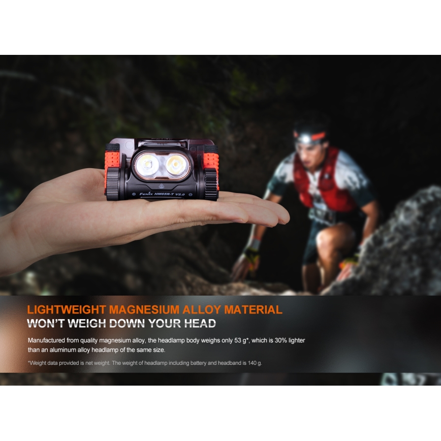 Fenix HM65RTV20PRP - LED Zatemnitvena polnilna naglavna svetilka LED/USB/2xCR123A IP68 1600 lm 300h 3400 mAh črna/vijolična