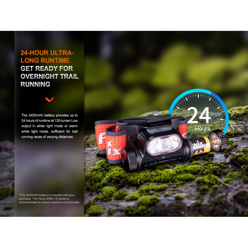 Fenix HM65RTV20PRP - LED Zatemnitvena polnilna naglavna svetilka LED/USB/2xCR123A IP68 1600 lm 300h 3400 mAh črna/vijolična