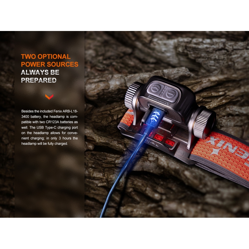 Fenix HM65RTV20PRP - LED Zatemnitvena polnilna naglavna svetilka LED/USB/2xCR123A IP68 1600 lm 300h 3400 mAh črna/vijolična