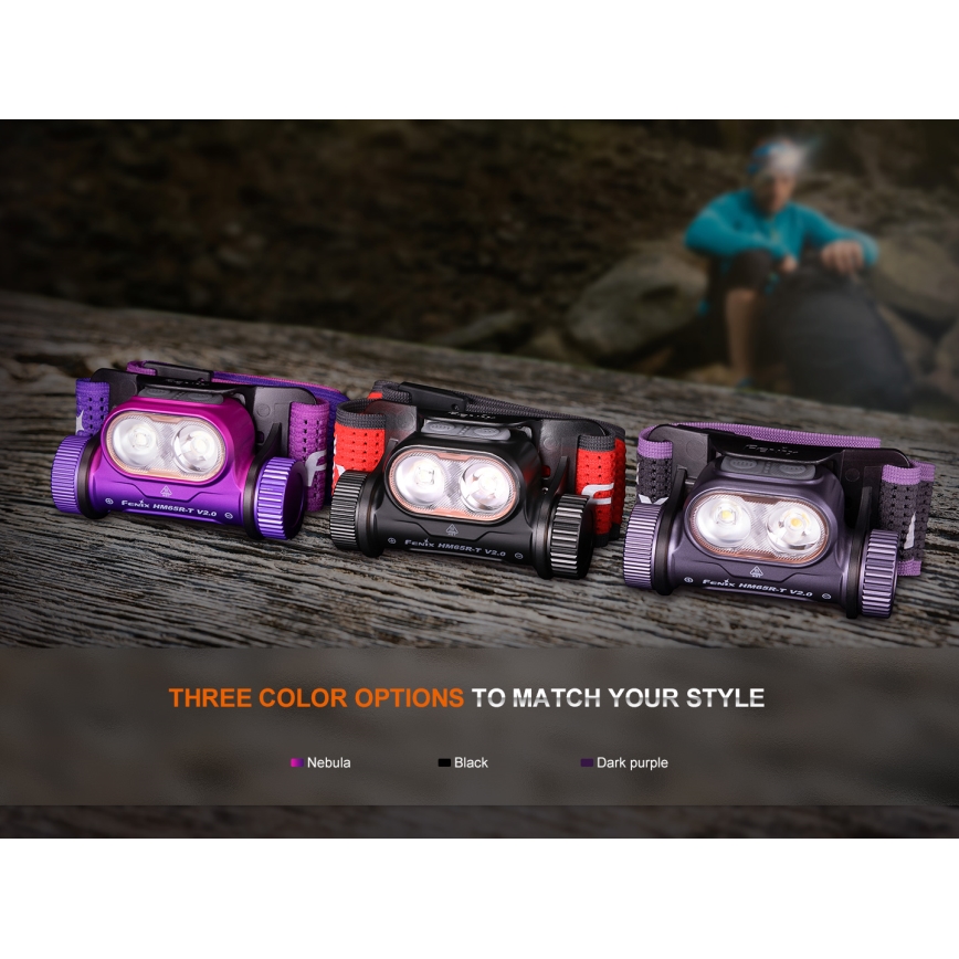 Fenix HM65RTV20PRP - LED Zatemnitvena polnilna naglavna svetilka LED/USB/2xCR123A IP68 1600 lm 300h 3400 mAh črna/vijolična