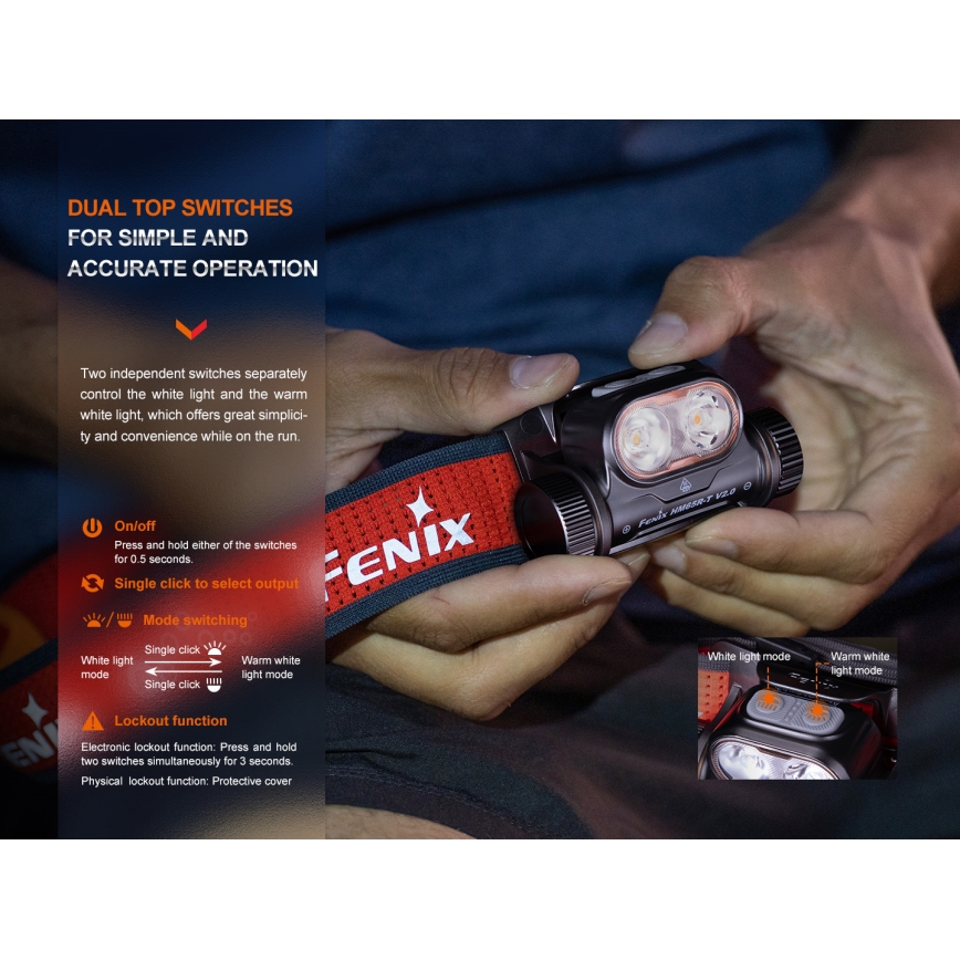 Fenix HM65RTV20PRP - LED Zatemnitvena polnilna naglavna svetilka LED/USB/2xCR123A IP68 1600 lm 300h 3400 mAh črna/vijolična