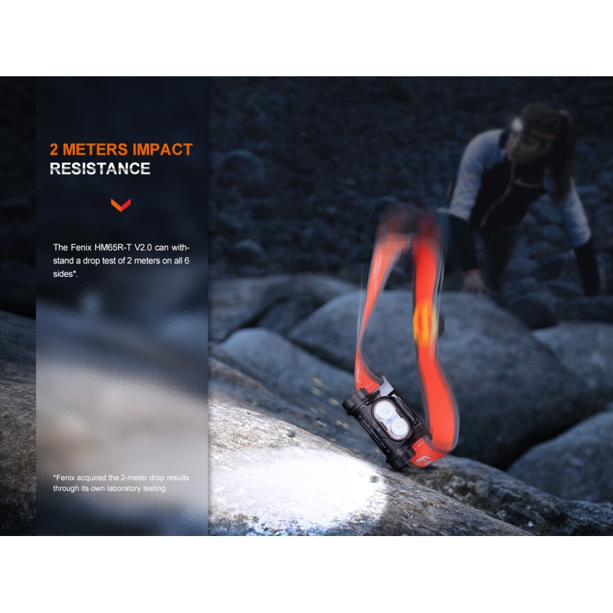 Fenix HM65RTV20PRP - LED Zatemnitvena polnilna naglavna svetilka LED/USB/2xCR123A IP68 1600 lm 300h 3400 mAh črna/vijolična