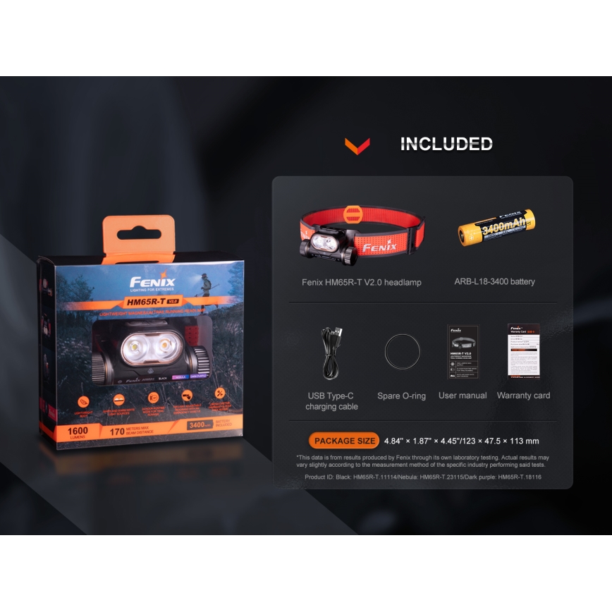 Fenix HM65RTV20PRP - LED Zatemnitvena polnilna naglavna svetilka LED/USB/2xCR123A IP68 1600 lm 300h 3400 mAh črna/vijolična