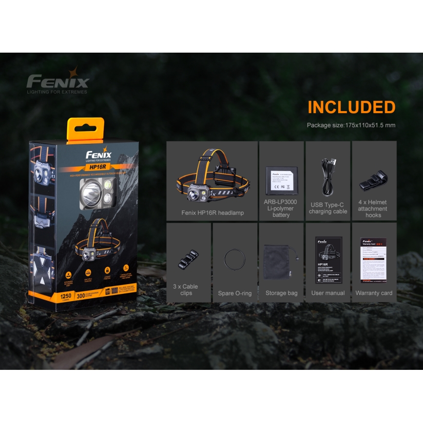Fenix HP16R1250 - LED Polnilna naglavna svetilka 3xLED/USB 4xAA IP66 1250 lm 600 h 3000 mAh