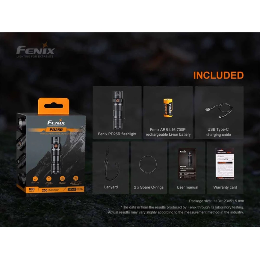 Fenix PD25R - LED Polnilna baterijska svetilka LED/USB/1xCR123A IP68 800 lm 70 h 700 mAh